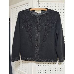 Vintage 60s Cyn Les Wool Black Beaded Cardigan Sweater - Womens Size 38 / SM